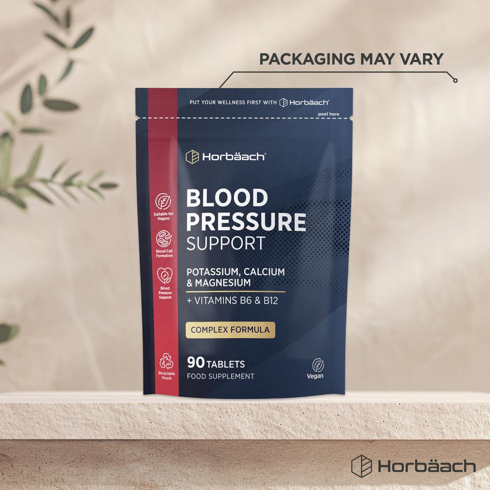 Blood Pressure Support with 90 vegan tablets, containing potassium, calcium, magnesium, and vitamins B6 & B12 in a recyclable pouch.