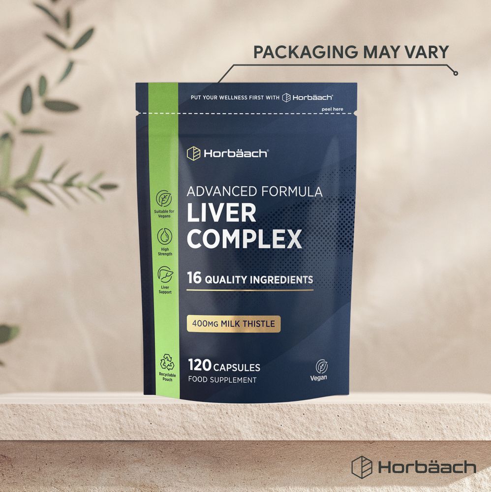 A bottle labeled Advanced Formula Liver Complex with 120 capsules, containing 400mg Milk Thistle per capsule.