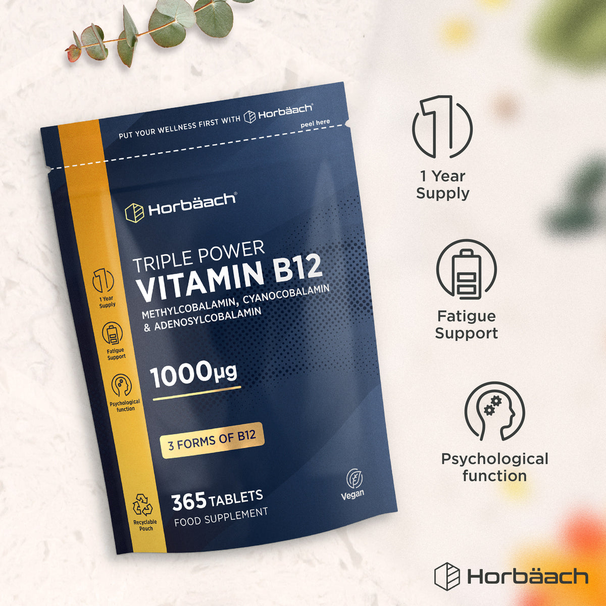 Triple Power Vitamin B12 1000µg with 3 forms of B12 in 365 vegan tablets. Recyclable pouch, 1 year supply, fatigue support.