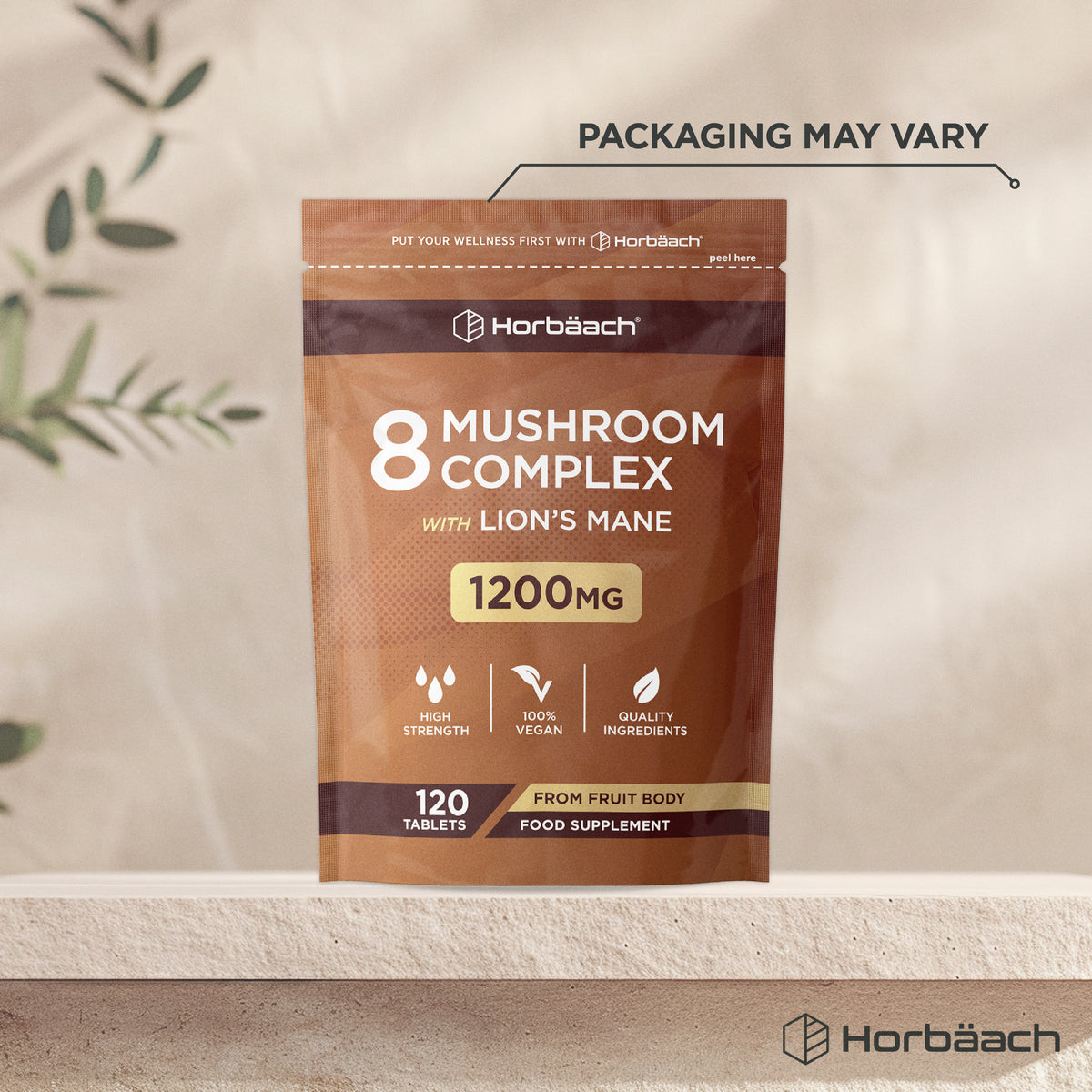 Vegan tablets with 8 Mushroom Complex, including Lion's Mane, 1200mg, 120-count.