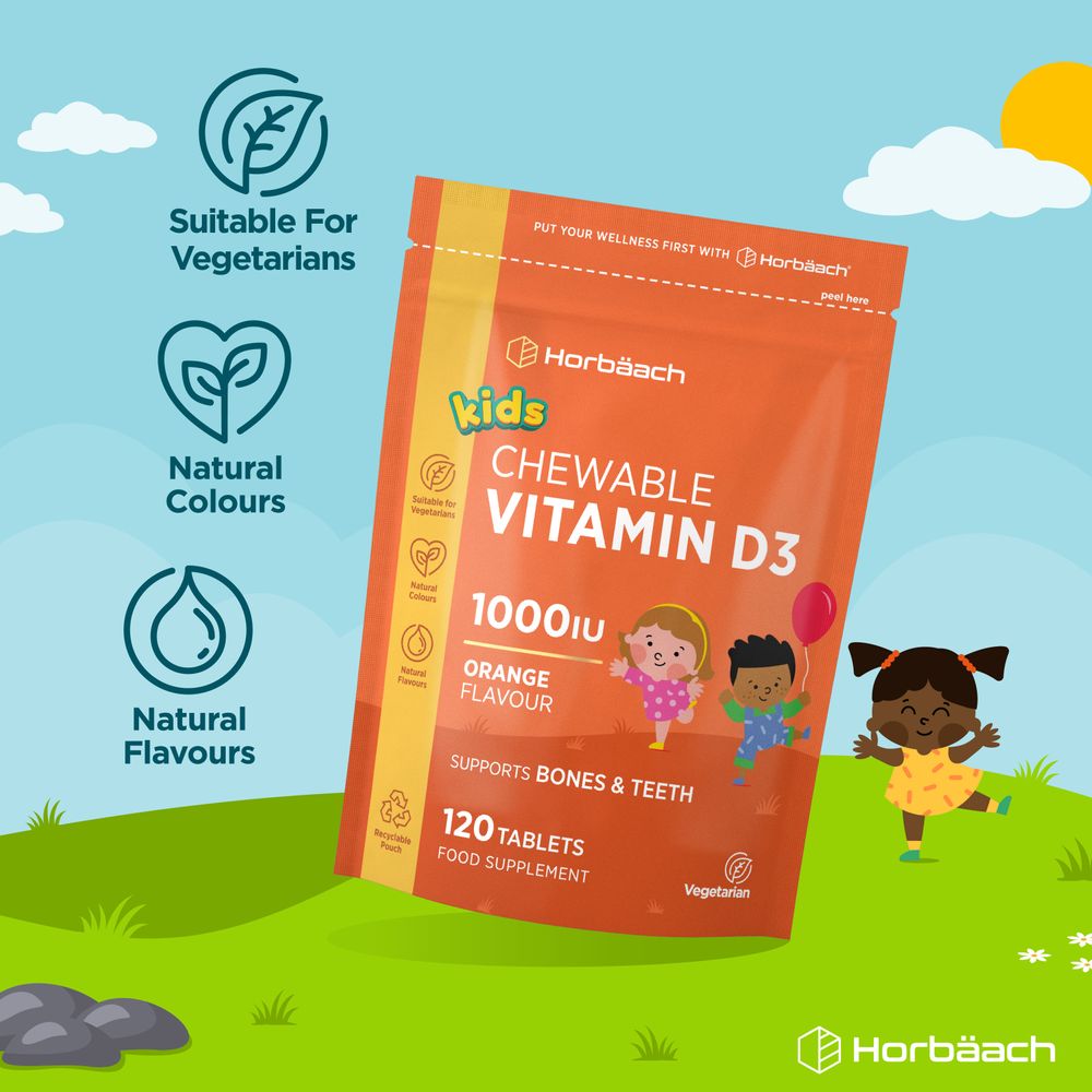 Bottle of Kids Chewable Vitamin D3 1000IU with orange flavor, 120 tablets, suitable for vegetarians.
