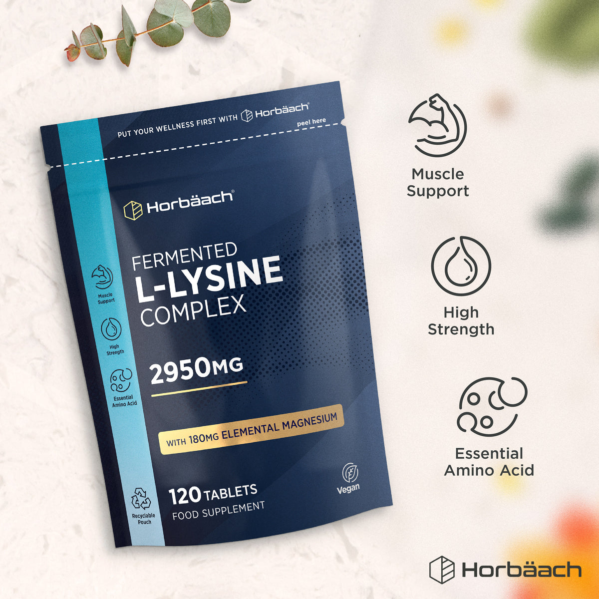 Fermented L-Lysine Complex 2950mg, 120 Vegan Tablets with 180mg Elemental Magnesium in a Recyclable Pouch.