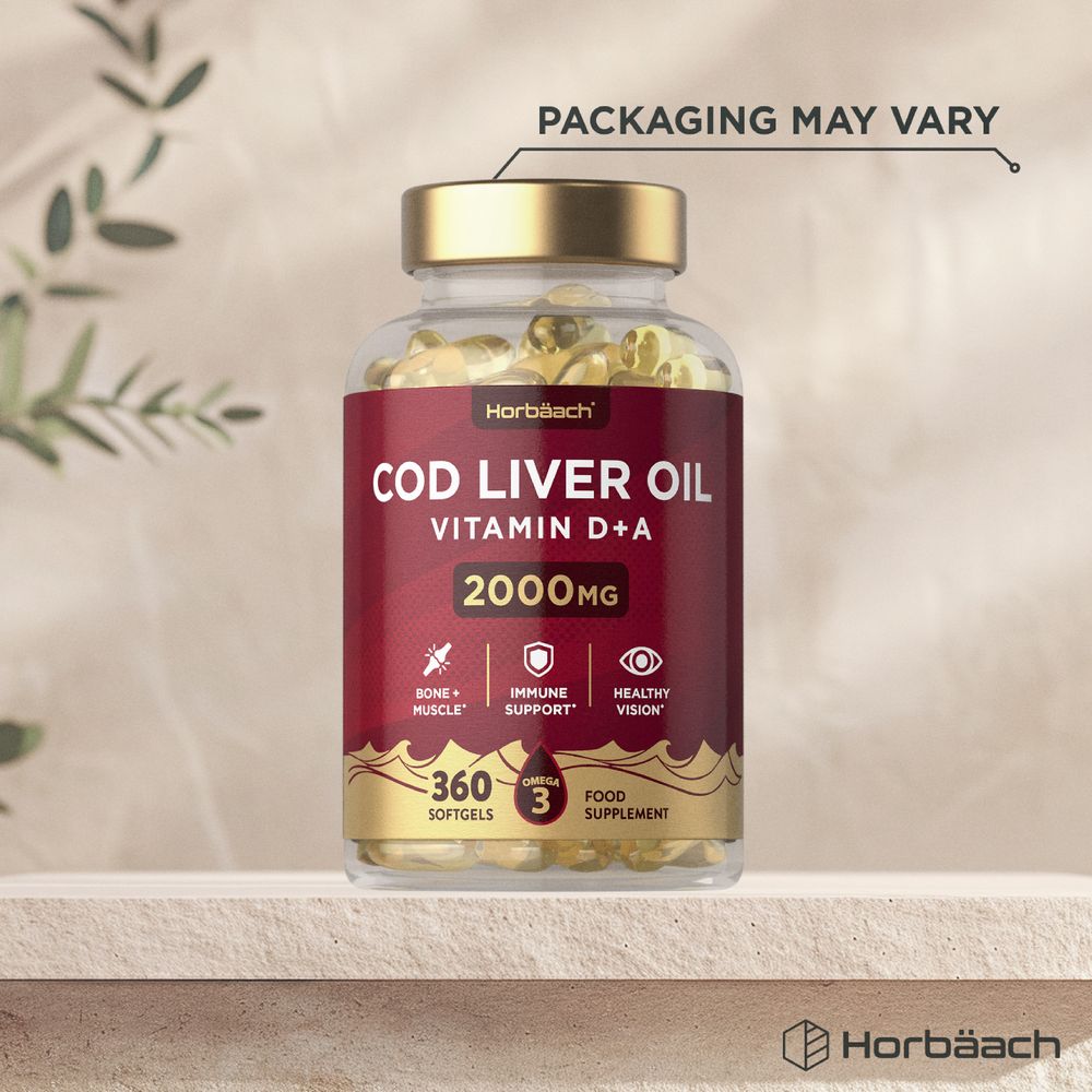 Bottle of 360 Cod Liver Oil Vitamin D+A 2000mg softgels held in hand, showcasing supplement with clear packaging.