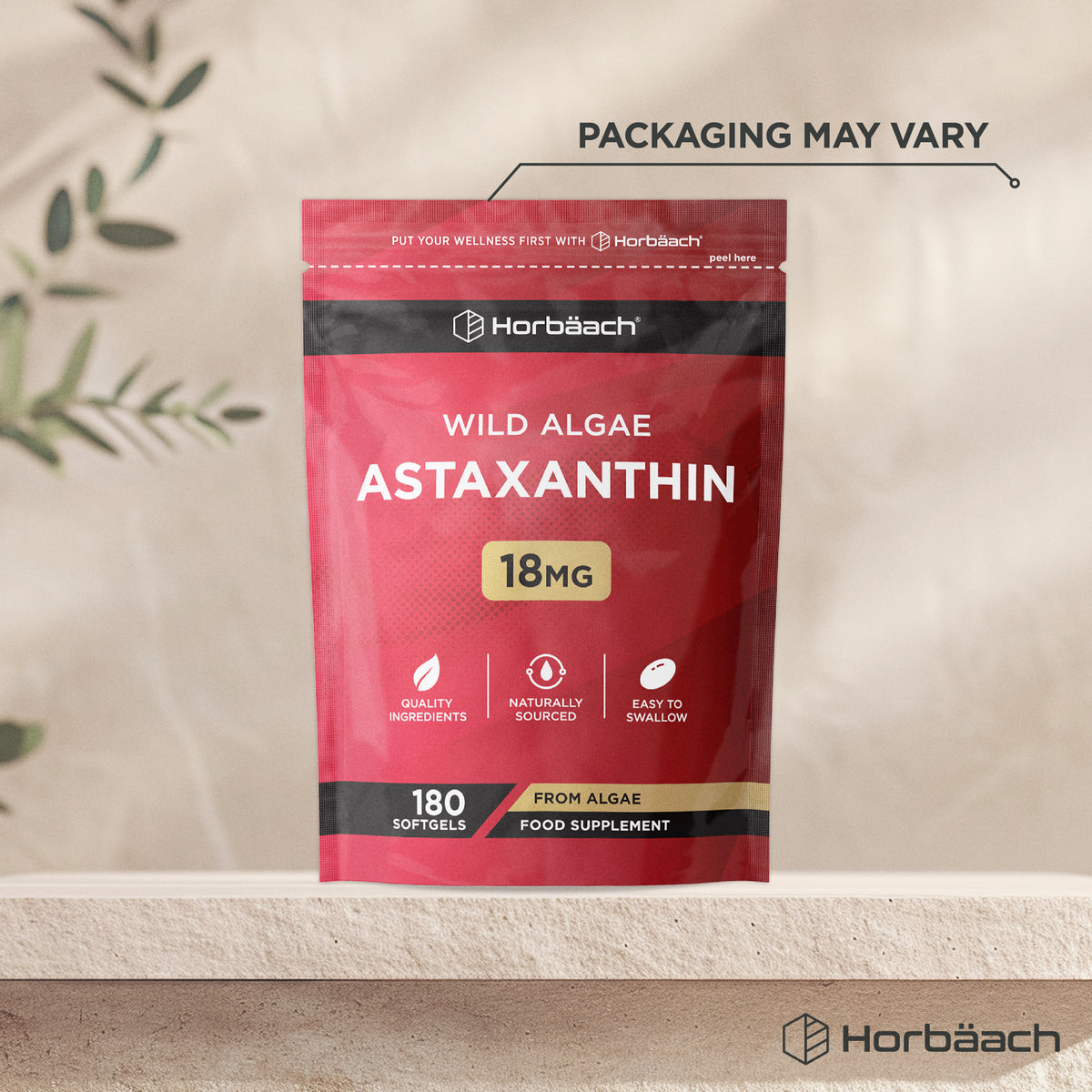 Wild Algae Astaxanthin 18mg, 180 softgels in a pouch for antioxidant health support.