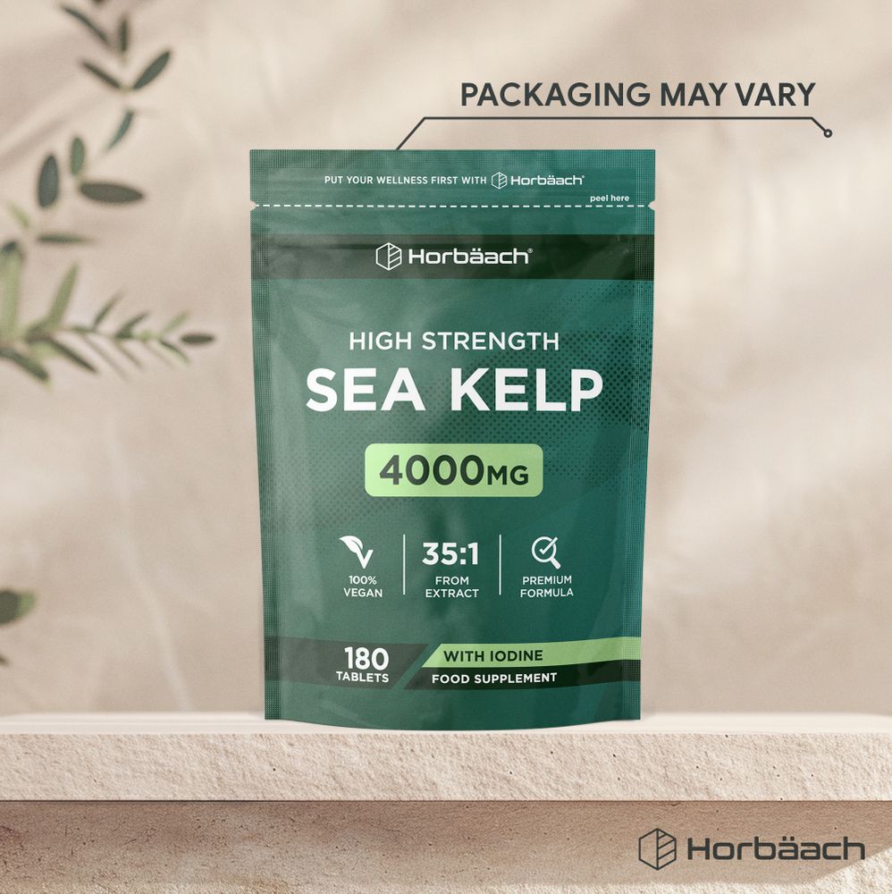Horbäach High Strength Sea Kelp 4000mg bottle with 180 tablets in a pouch.