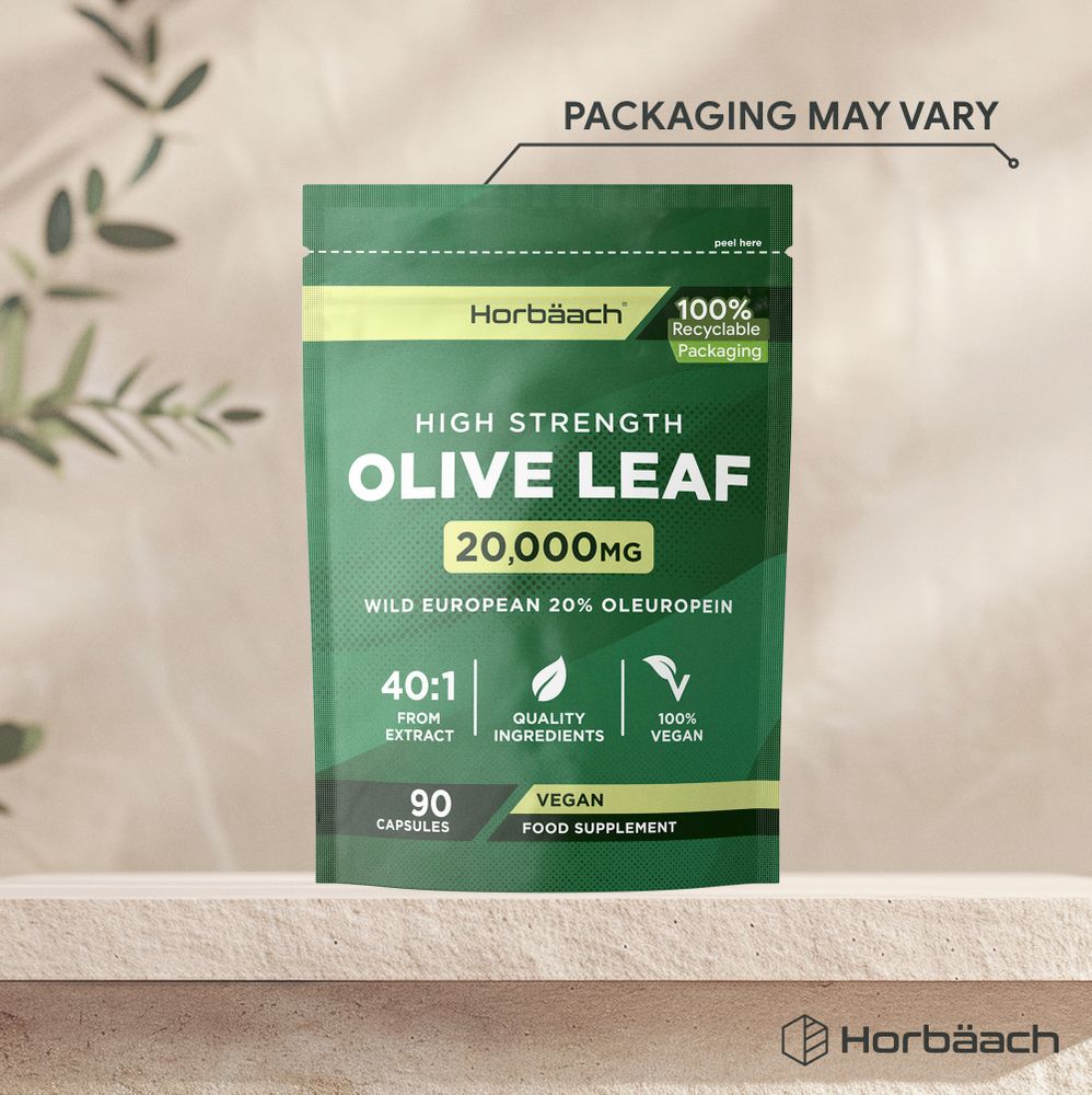 Horbäach High Strength Olive Leaf 20,000mg, containing 90 vegan capsules, held in hand for size reference.