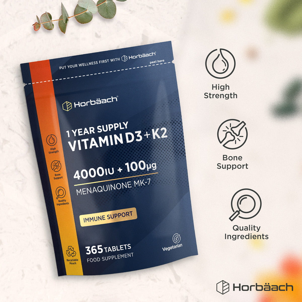 Vitamin D3 + K2 4000IU and 100µg Menaquinone MK-7, 365 Vegetarian Tablets for Immune and Bone Support.