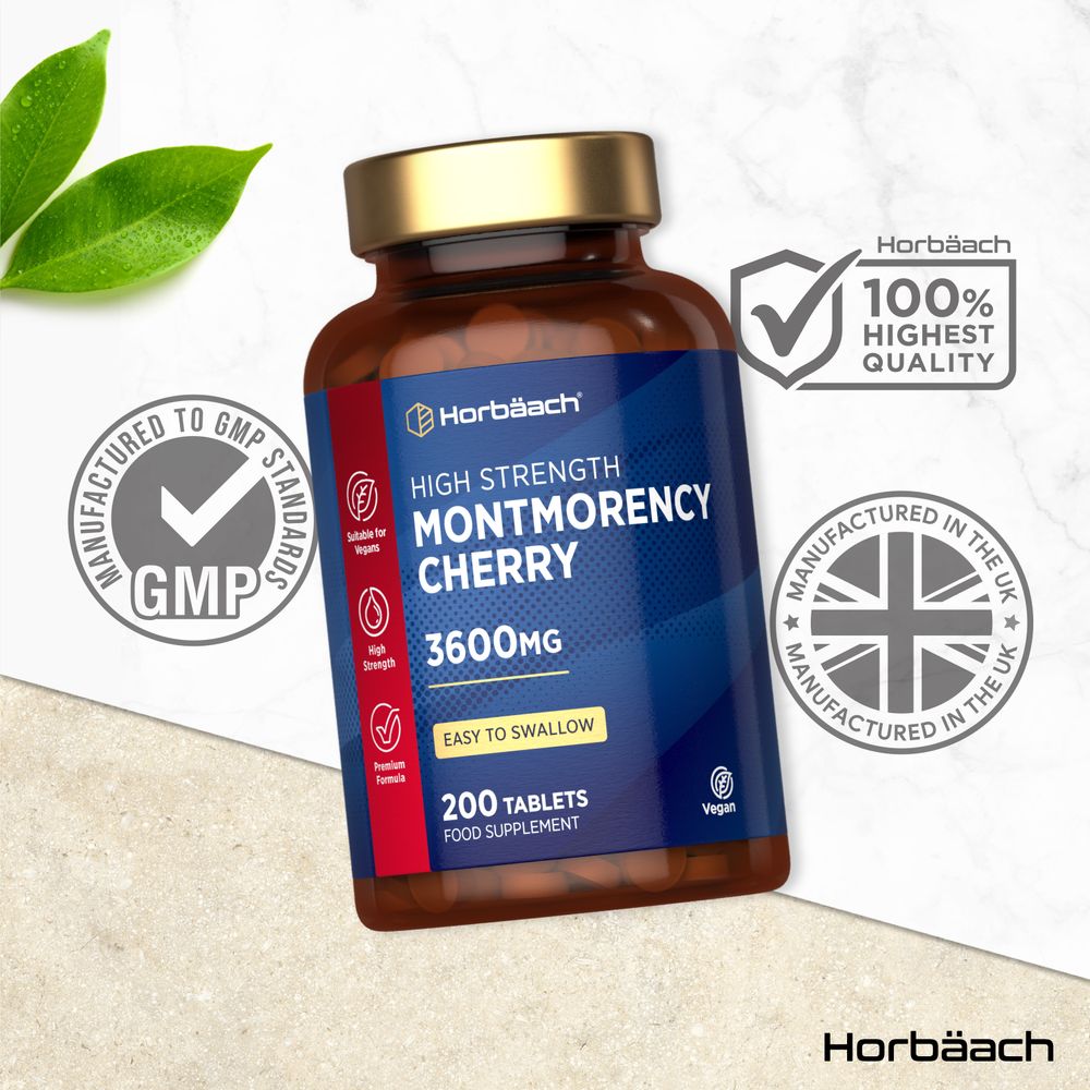 A hand holds a bulk scale pack of 200 Montmorency Cherry 3600mg tablets.