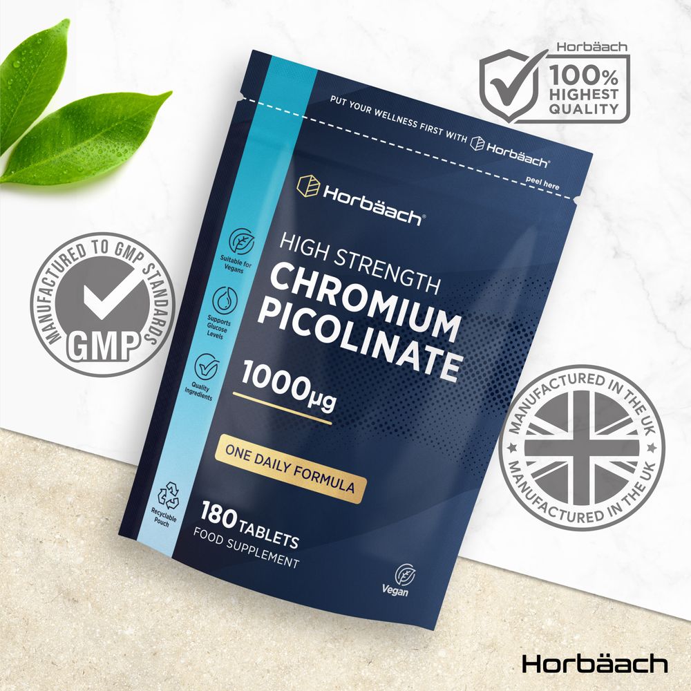 Chromium Picolinate 1000µg, 180 vegan tablets shown next to a hand to indicate scale.
