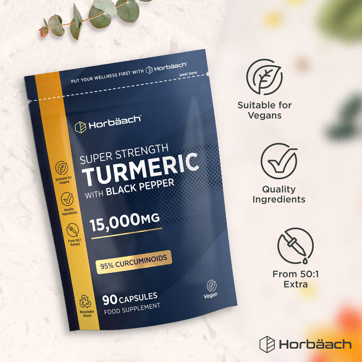 Horbäach Super Strength Turmeric with Black Pepper, 15,000mg 95% Curcuminoids, 90 Vegan Capsules pouch.
