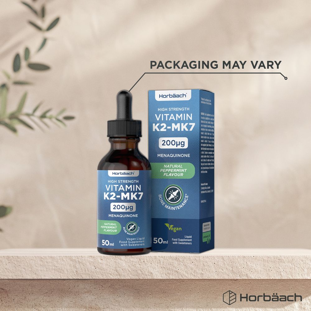 Horbäach Vitamin K2-MK7 200µg 50ml liquid dropper bottle with box. Natural Peppermint Flavour and Vegan.