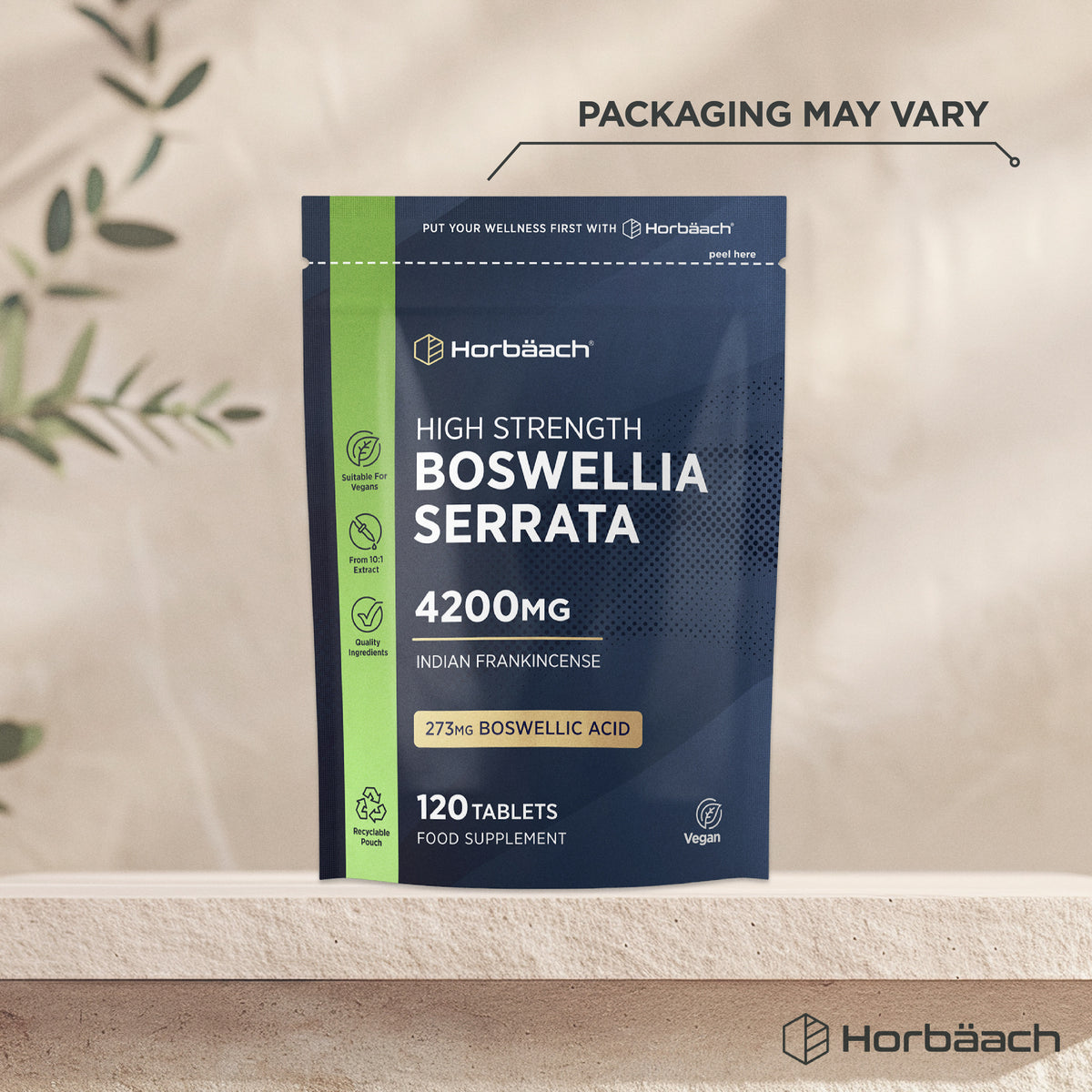 Horbäach High Strength Boswellia Serrata 4200mg with 273mg Boswellic Acid, 120 Vegan Tablets in a Recyclable Pouch.