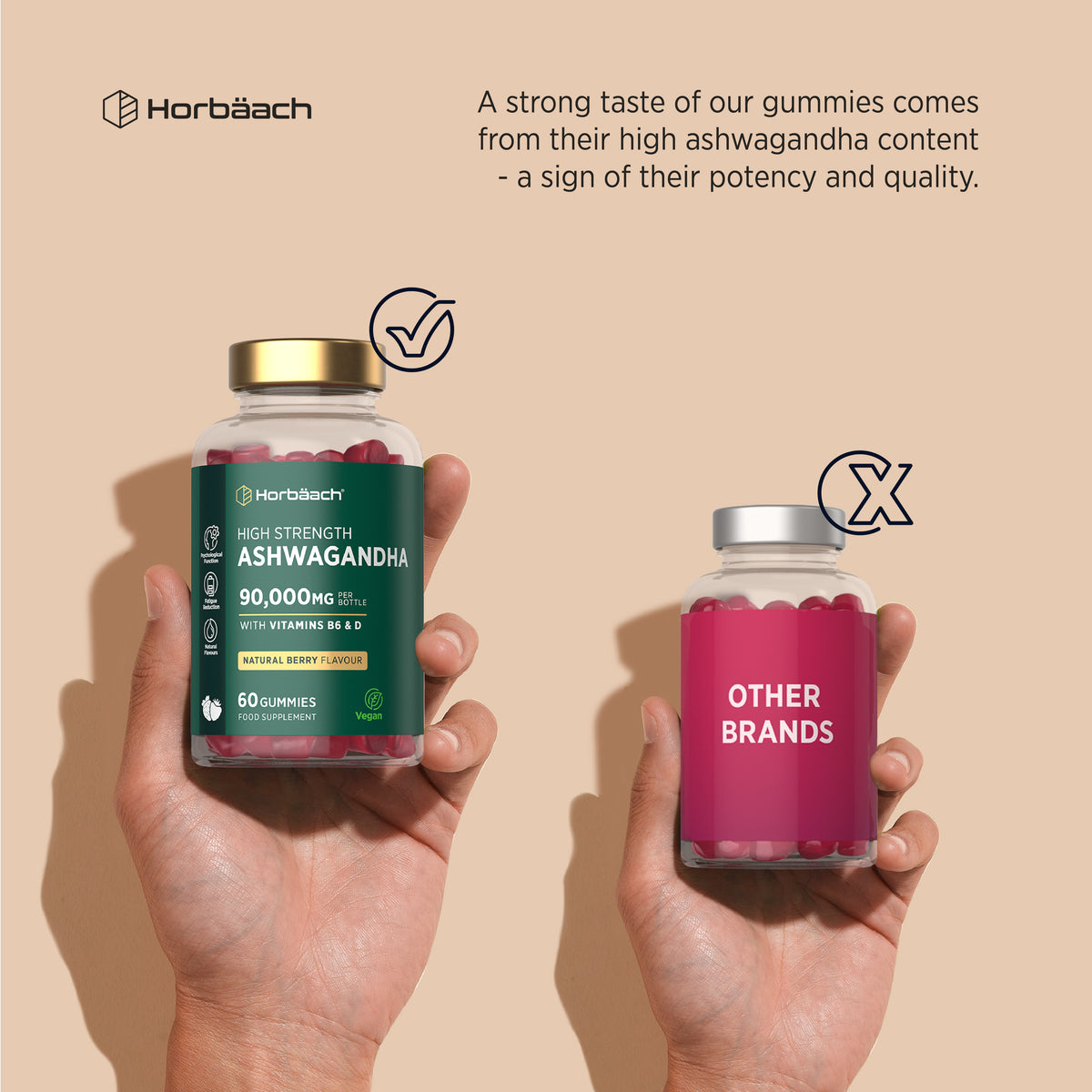 Vegan Ashwagandha gummies with 90,000MG per bottle, Vitamins B6 & D, in natural berry flavor. Contains 60 gummies.