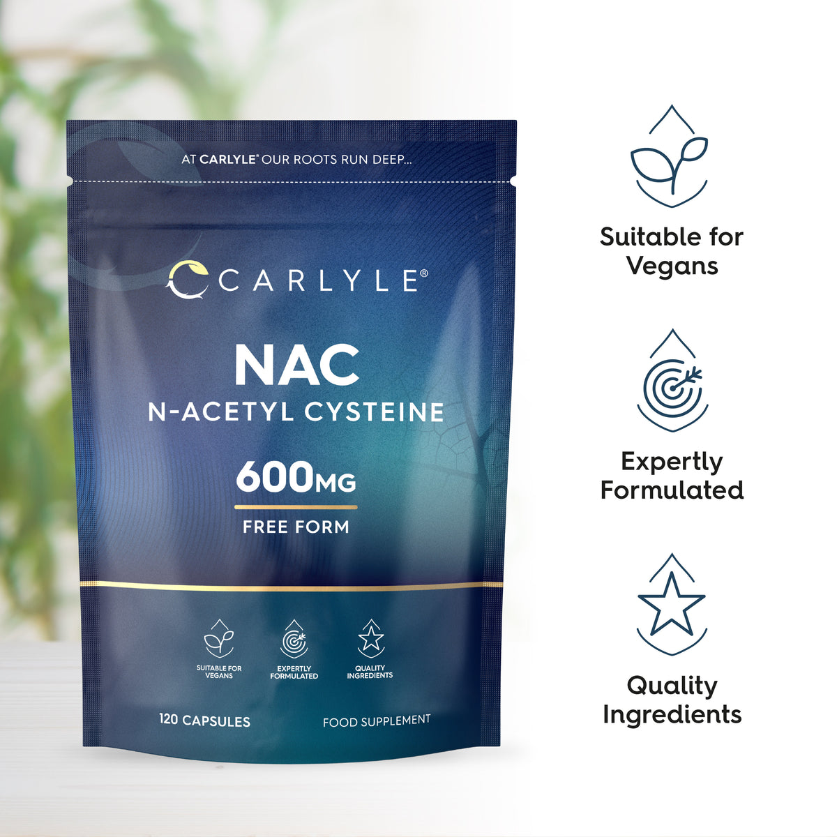 NAC N-Acetyl Cysteine 600mg with 120 vegan capsules as a food supplement.