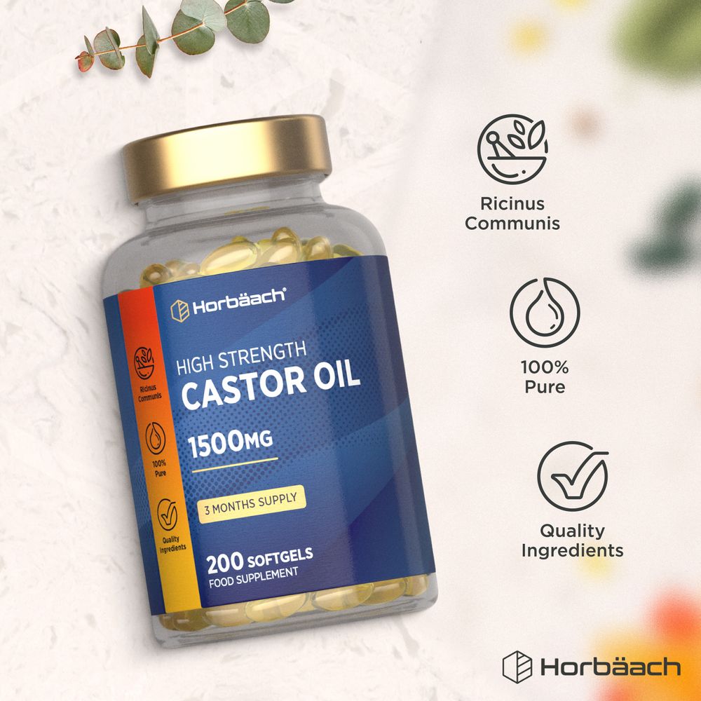 A clear bottle of Castor Oil 1500 mg containing 200 yellow softgels.