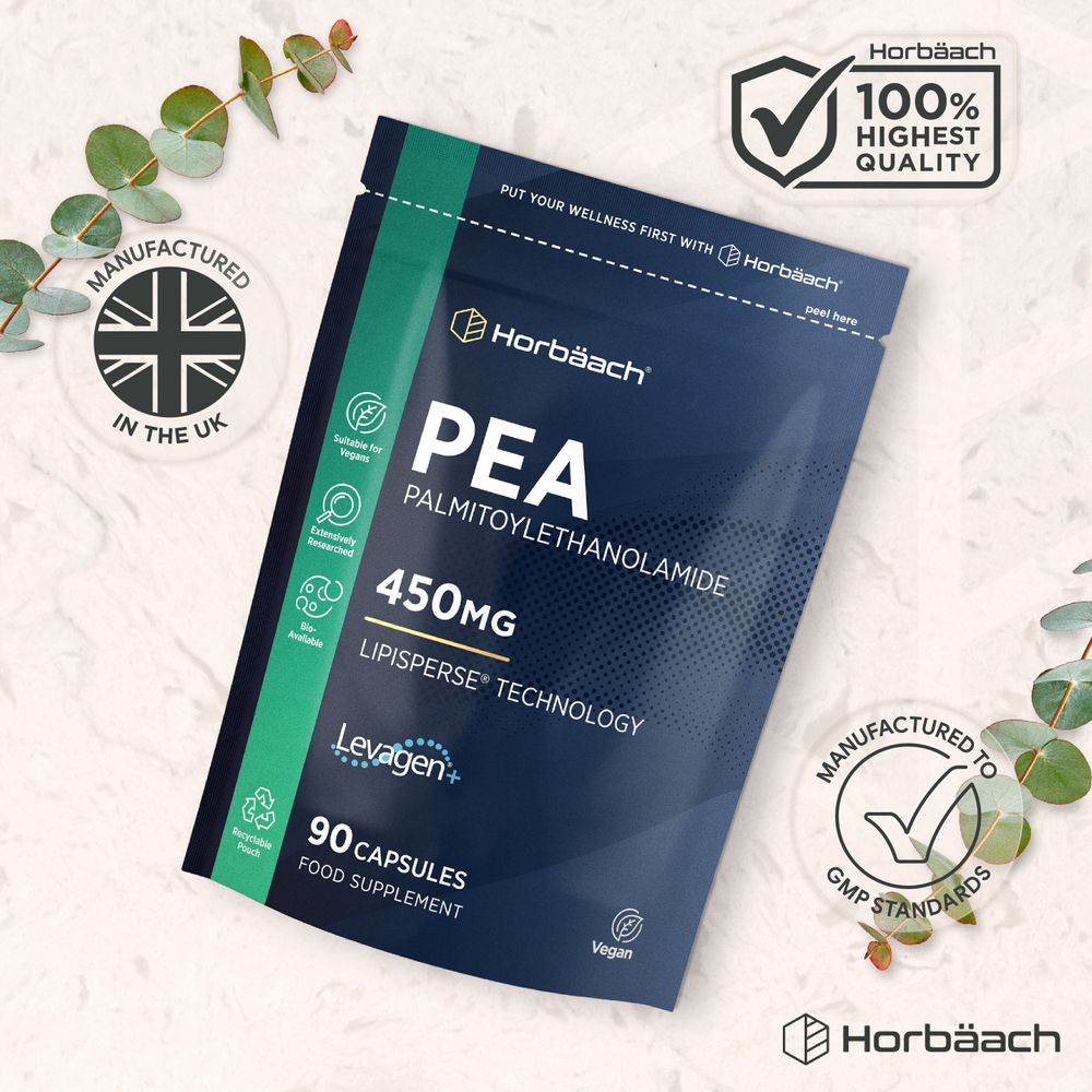 Horbäach PEA 450mg 90 Vegan Capsules pouch shown on a hand scale, highlighting product size for easy measurement.