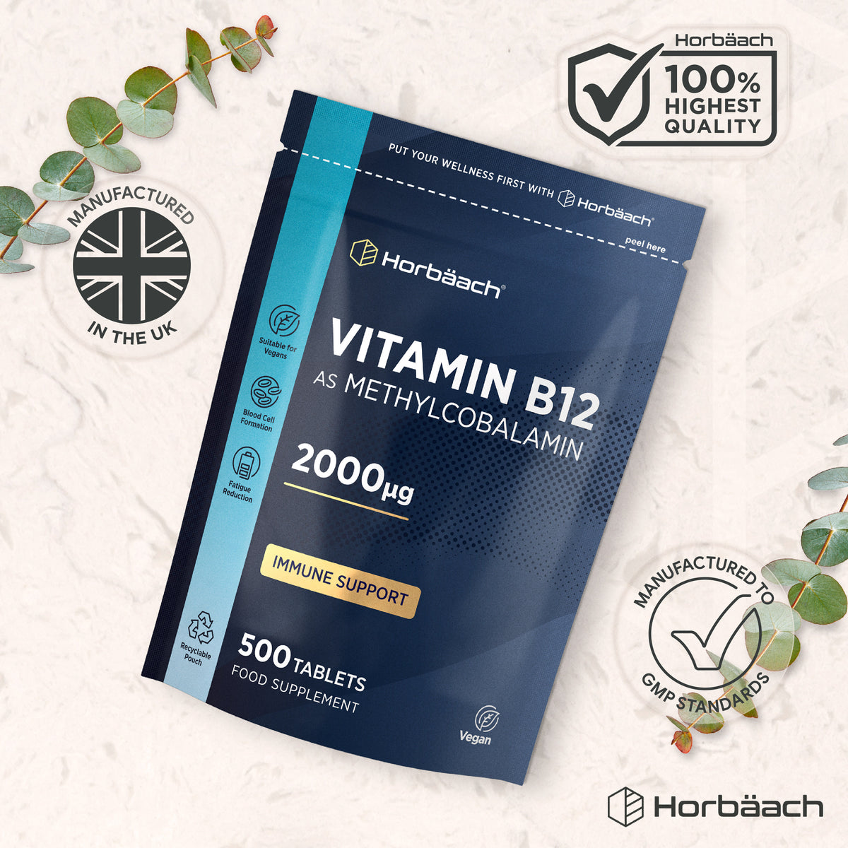 Vitamin B12 Methylcobalamin supplement with 2000µg per tablet, includes 500 tablets in the pack.