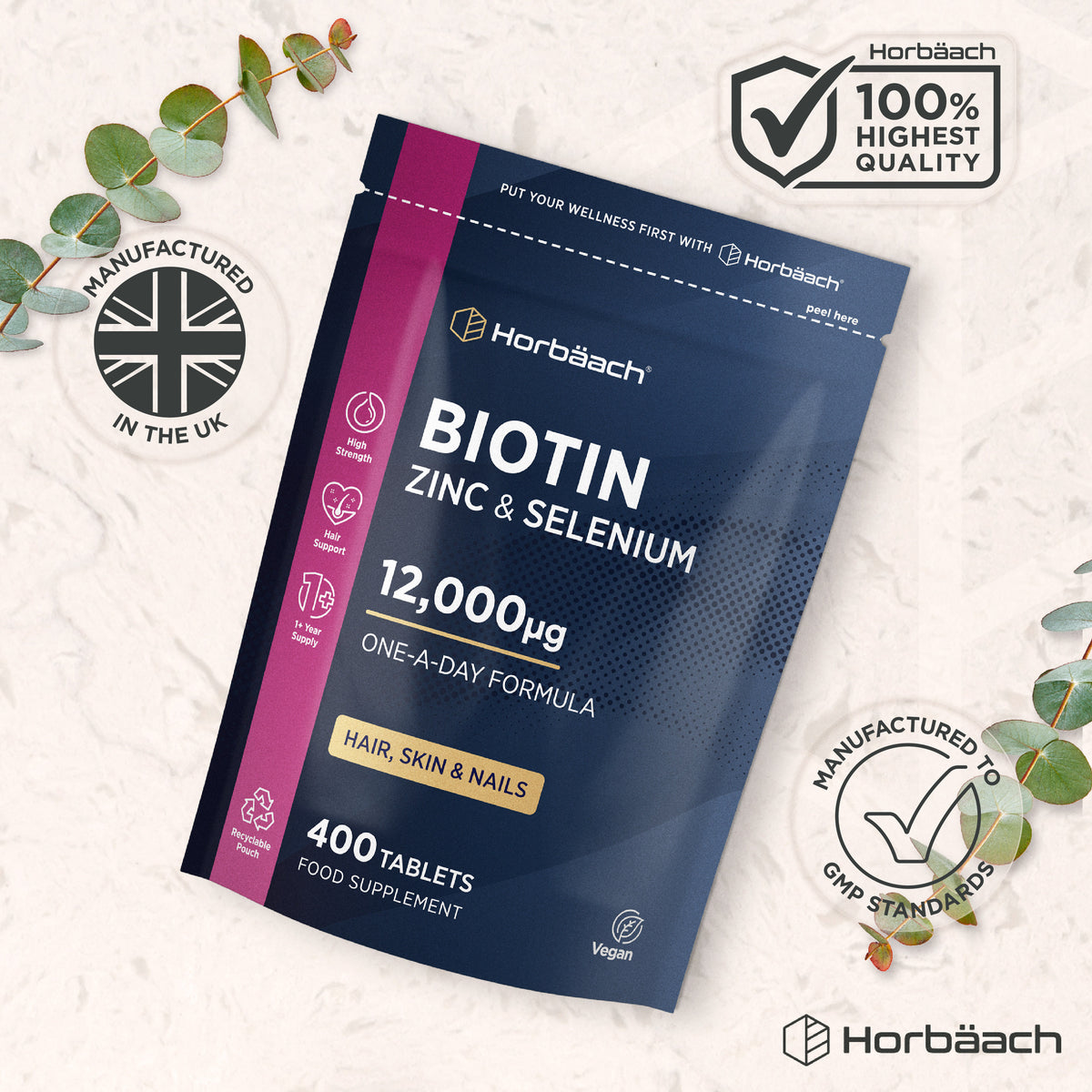 Biotin Zinc & Selenium 12,000µg One-A-Day Formula Supplement, 400 Vegan Tablets for Hair, Skin, and Nails.