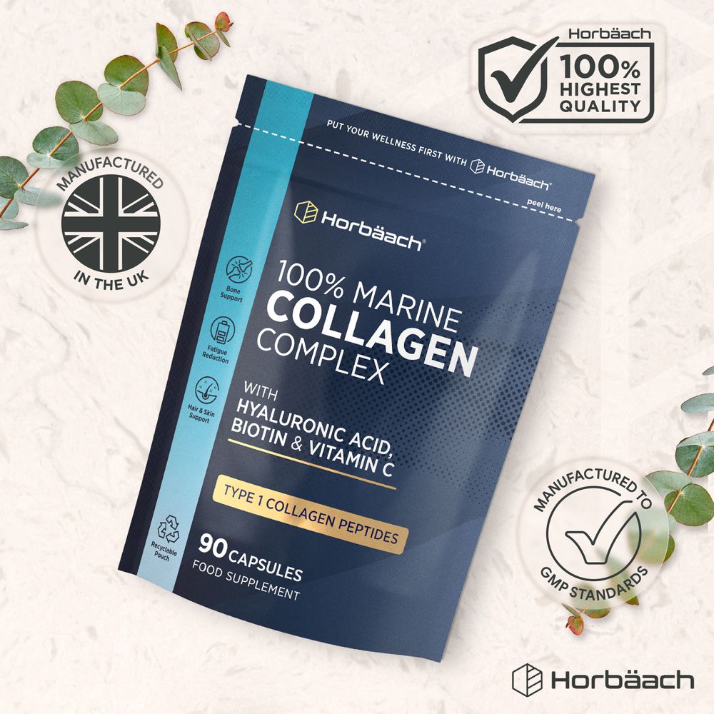 Horbäach 100% Marine Collagen Complex with Hyaluronic Acid, Biotin, and Vitamin C, contains 90 capsules.