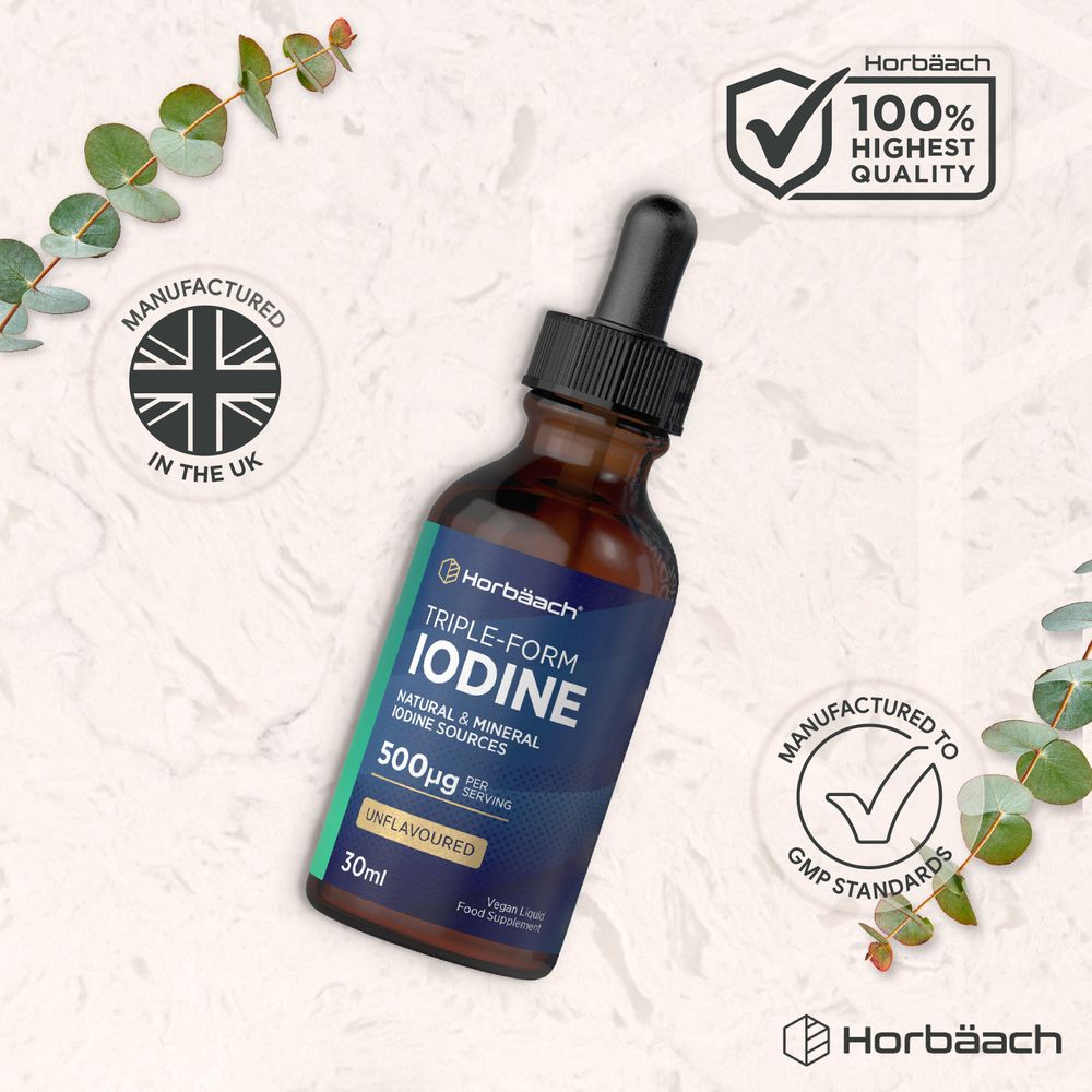 A 30ml Triple-Form Iodine liquid dropper bottle containing 500µg per serving.