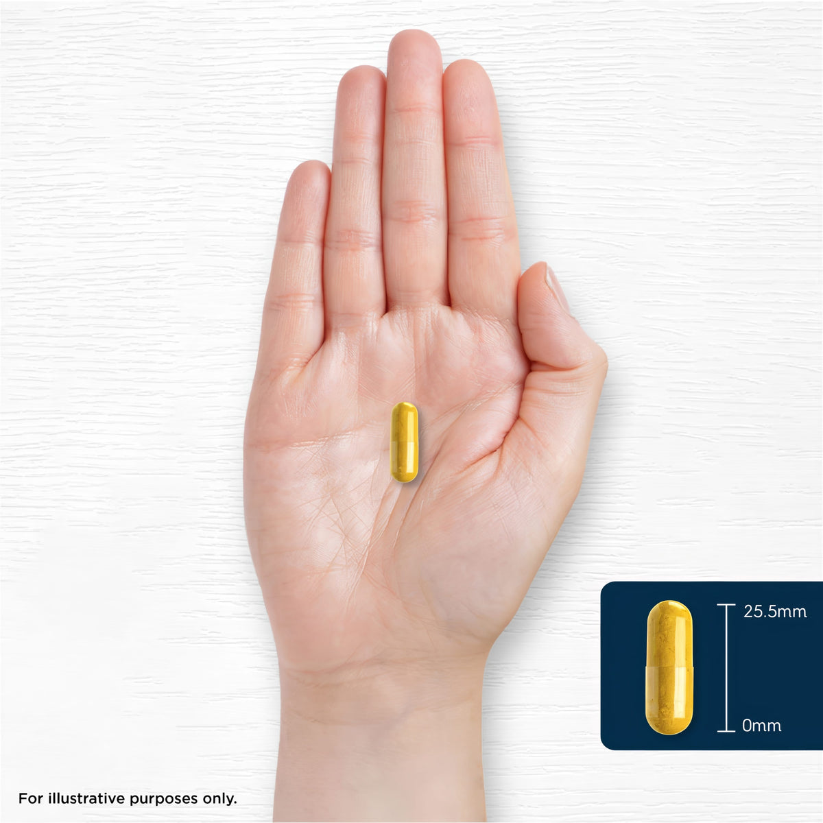 Golden capsule, 25.5mm long, rests in the palm of a hand, showcasing its compact size and highlighting its potential use.