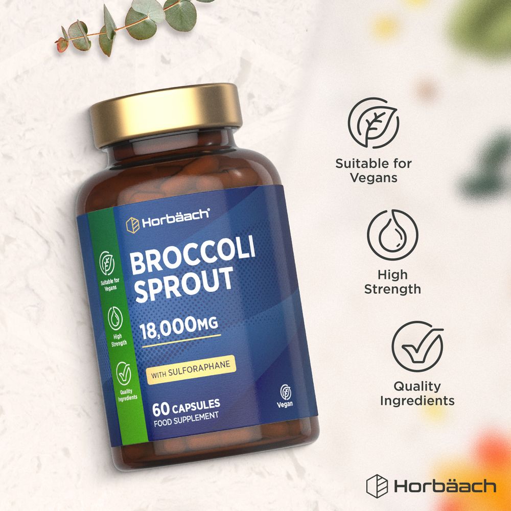 Horbäach Broccoli Sprout 18,000mg bottle with 60 vegan capsules, a dietary supplement.