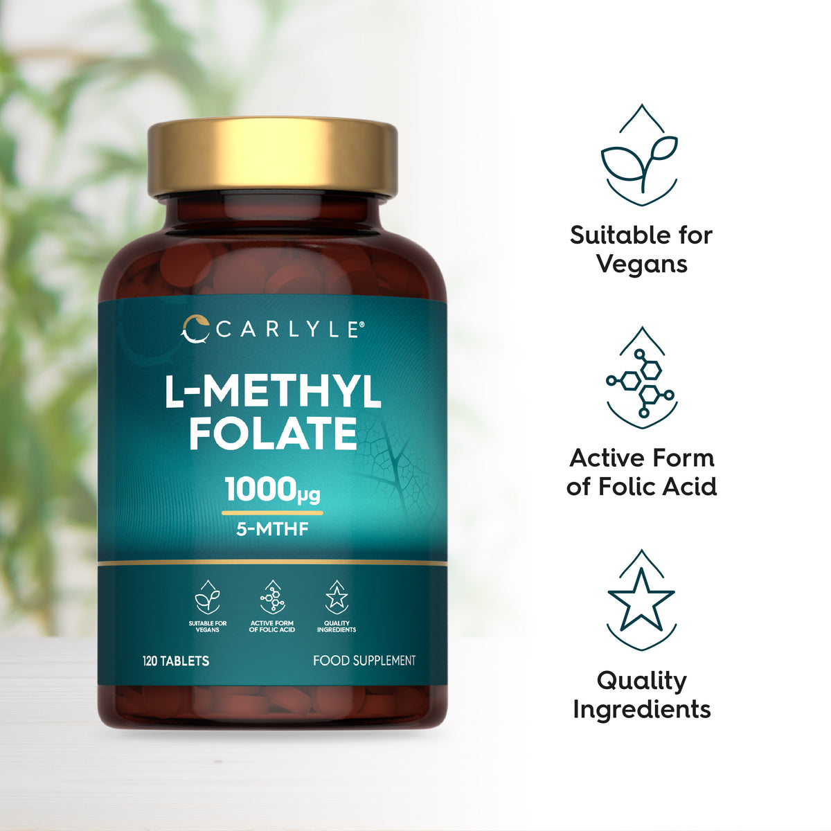 L-Methyl Folate supplement with 1000µg (5-MTHF) in a bottle of 120 tablets. Supports health with essential nutrients.