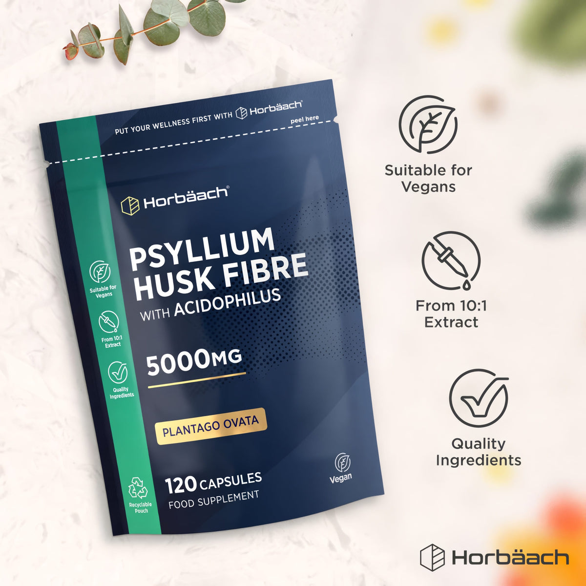 Psyllium Husk Fibre with Acidophilus 5000mg, 120 Capsules. Vegan, 10:1 Extract, Quality Ingredients.