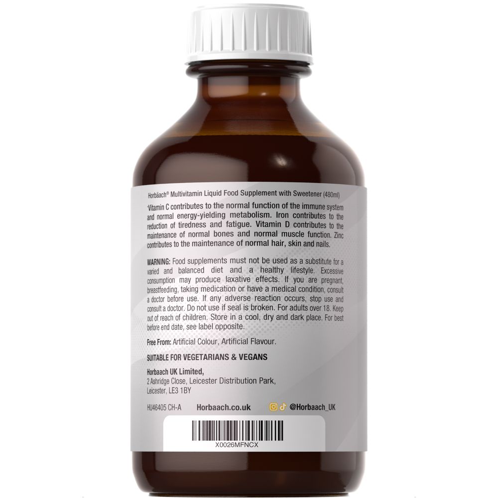 480ml bottle of Horbaach Multivitamin Liquid Food Supplement with sweetener, shown on a hand scale.