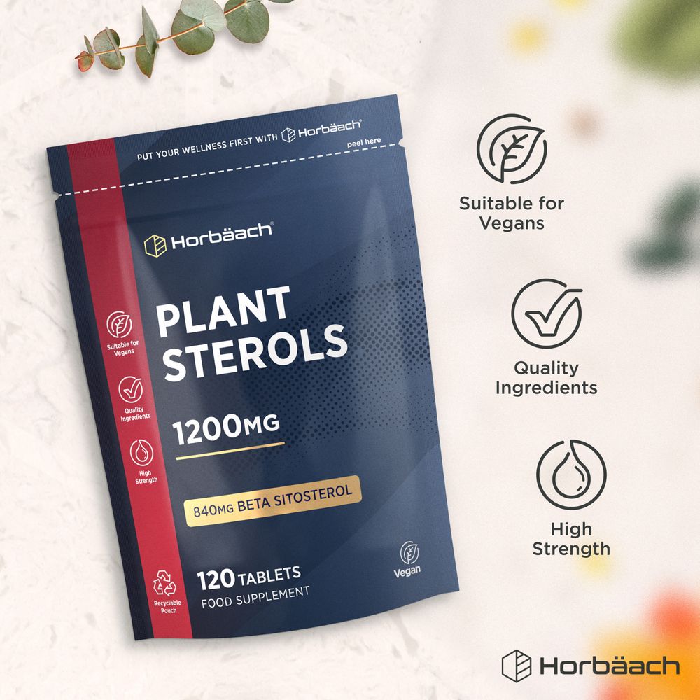 Hand holding a pouch of Horbäach Plant Sterols 1200mg, a 120-tablet food supplement.