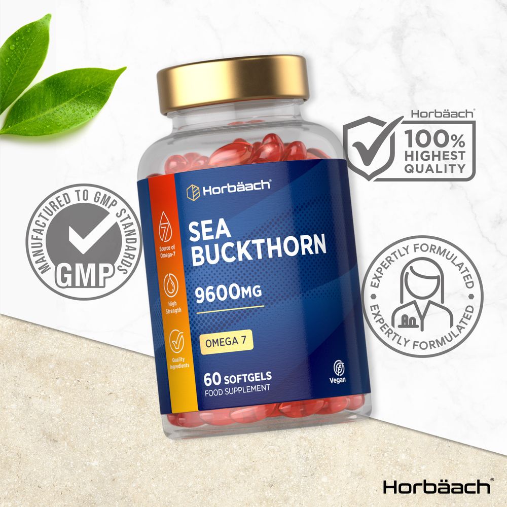 A 60-count bottle of Red Sea Buckthorn softgels, each with 9600mg, shown on a hand for scale.