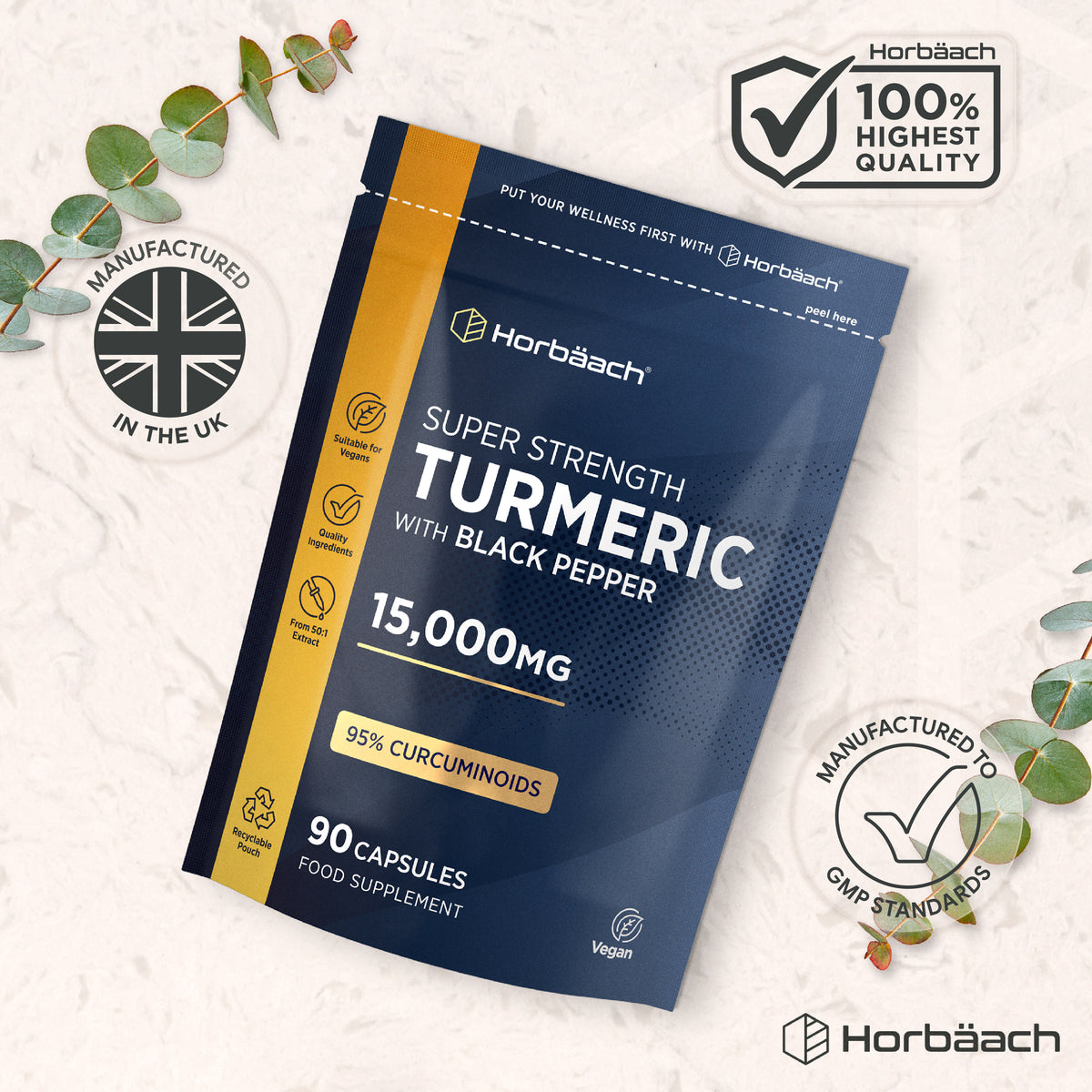 Horbäach Super Strength Turmeric with Black Pepper, 15,000mg, 90 vegan capsules for dietary supplement needs.