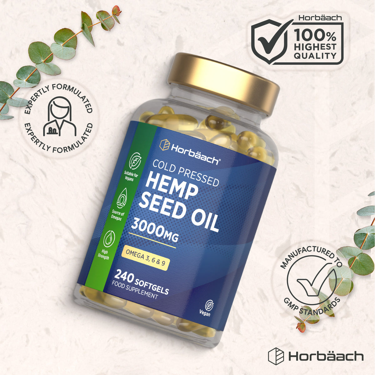 Horbäach Cold Pressed Hemp Seed Oil 3000mg, Omega 3, 6 & 9, 240 softgels food supplement.