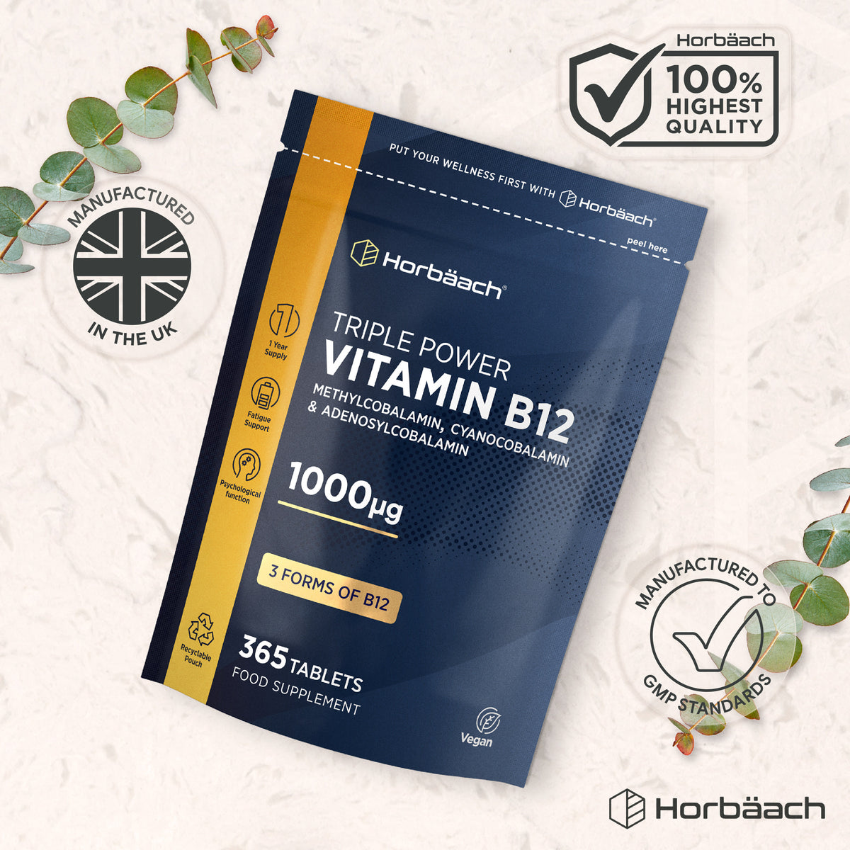 Horbäach Triple Power Vitamin B12 1000µg, 365 Vegan Tablets, with Methylcobalamin, Cyanocobalamin, and Adenosylcobalamin.