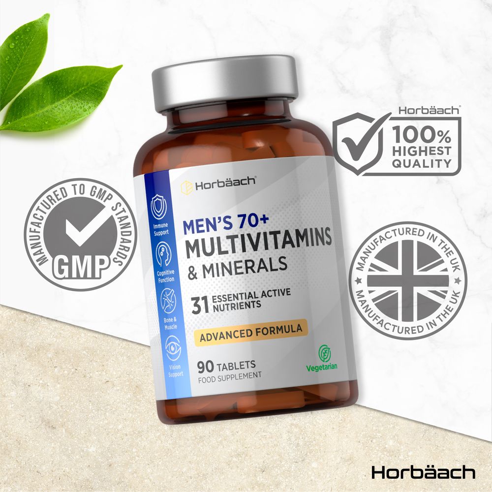 Horbäach Men's 70+ Multivitamins & Minerals with 90 tablets shown for scale in hand.