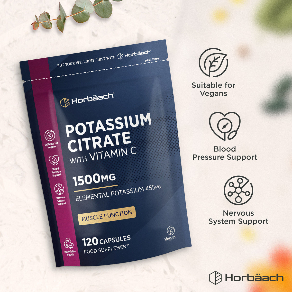Horbäach Potassium Citrate & Vitamin C 1500mg, with 455mg Elemental Potassium, in 120 Vegan Capsules as a food supplement.