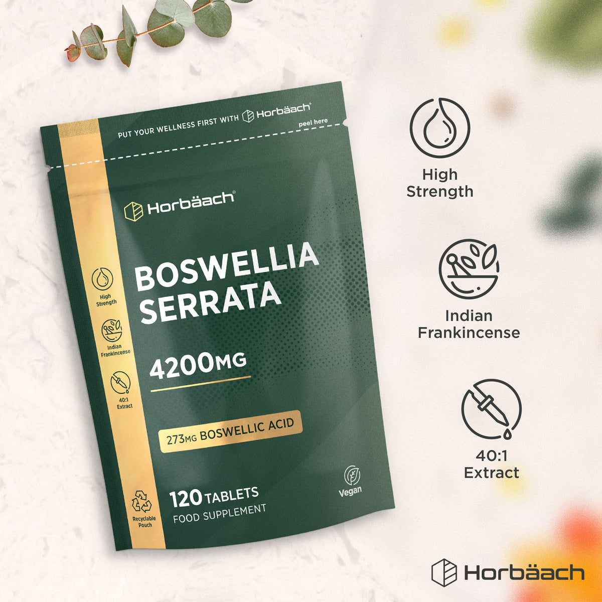 Horbäach Boswellia Serrata 4200mg pouch with 120 vegan tablets, containing 273mg Boswellic Acid supplement.