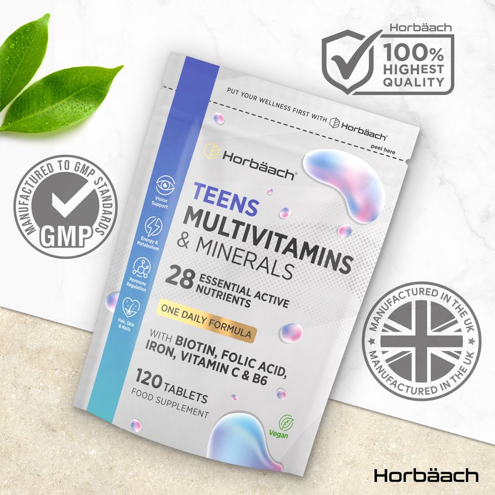 Teens Multivitamins & Minerals pouch containing 120 tablets displayed on a hand scale.