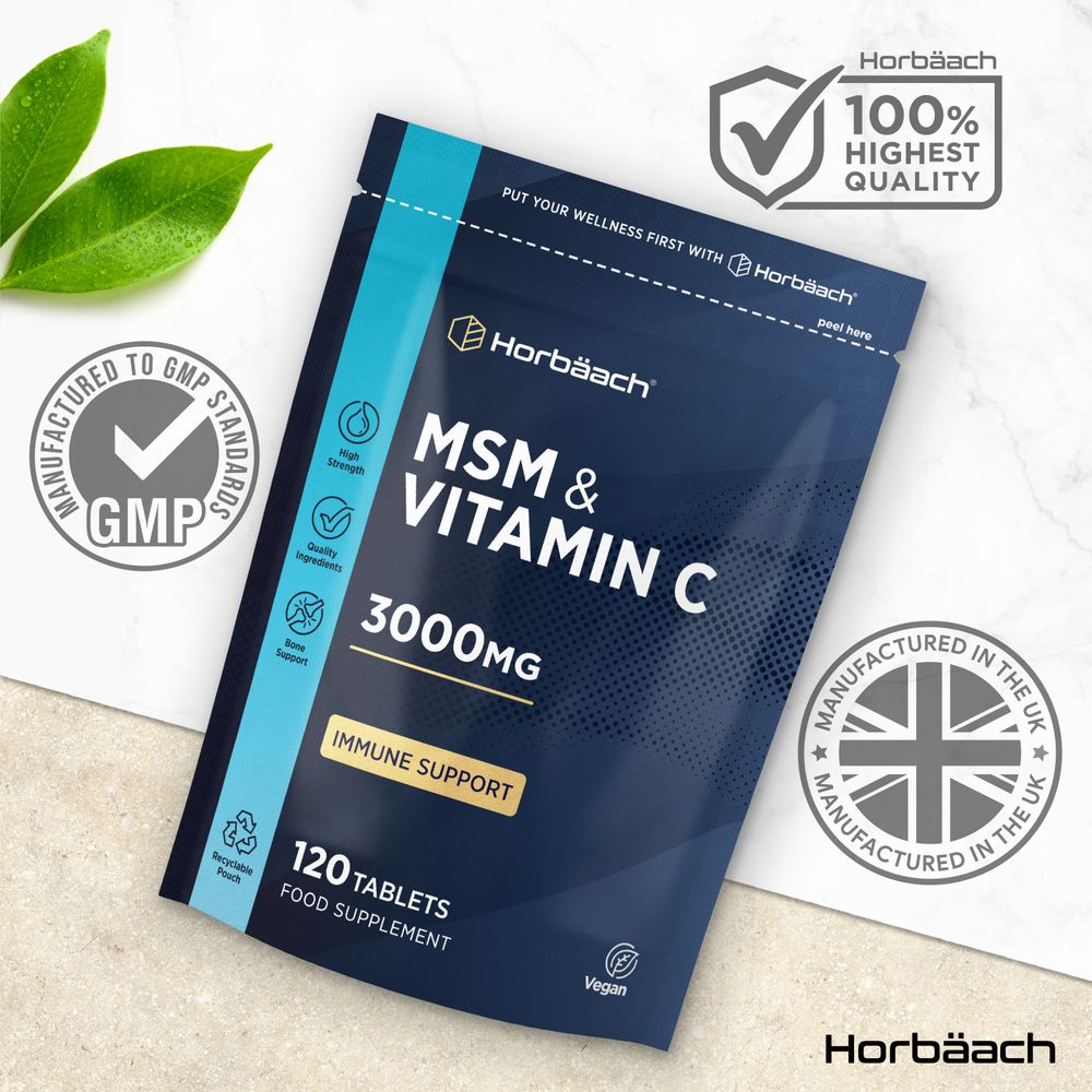MSM and Vitamin C supplement bottle with 3000mg, containing 120 vegan tablets, depicted on a bulk scale with a hand.