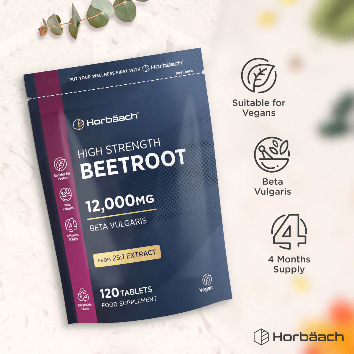 High Strength Beetroot 12,000mg Beta Vulgaris 25:1 Extract, 120 Vegan Tablets for a 4-Month Supply.