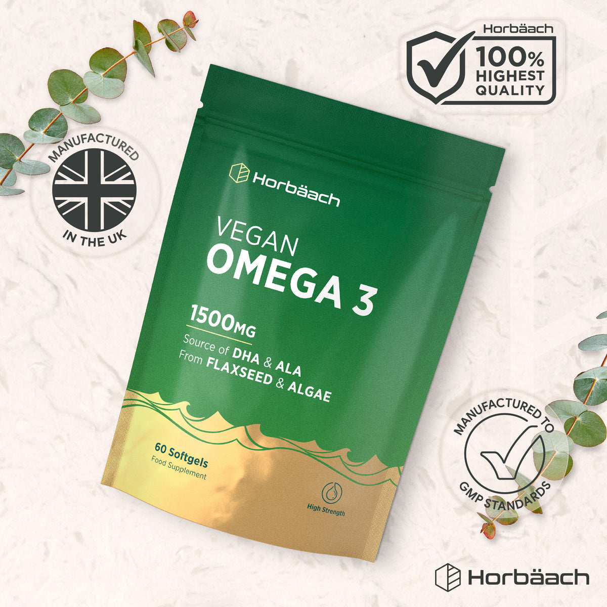 Horbäach Vegan Omega 3, 1500mg, 60 Softgels. Source of DHA & ALA from Flaxseed & Algae. High Strength Food Supplement.