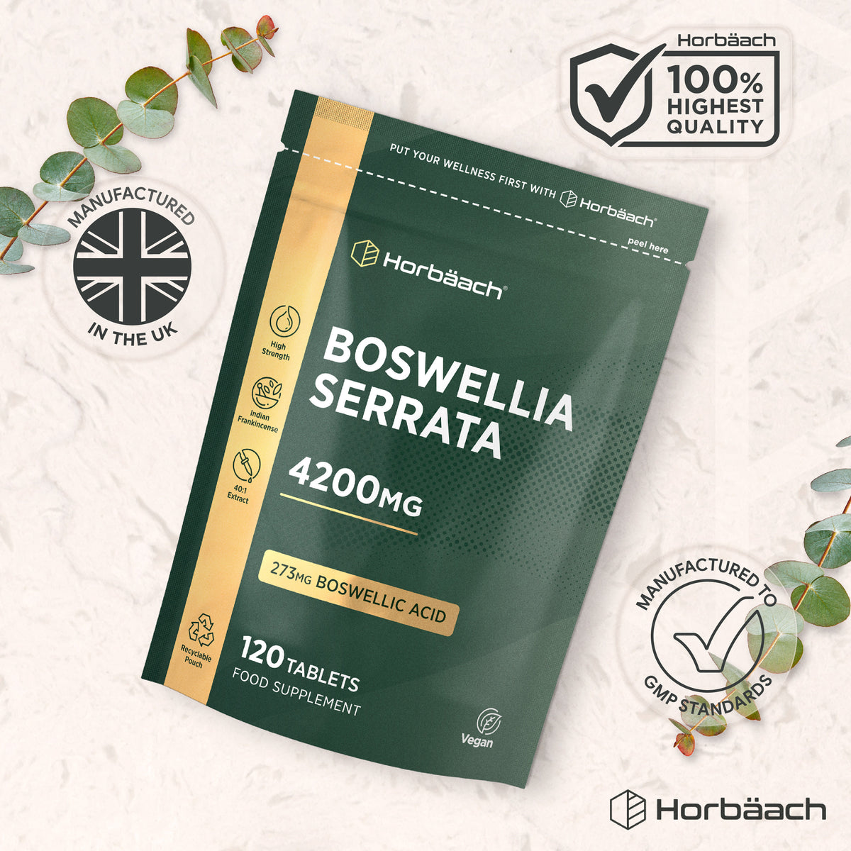 Boswellia Serrata 4200mg with 273mg Boswellic Acid, 120 Vegan Tablets. Food supplement.