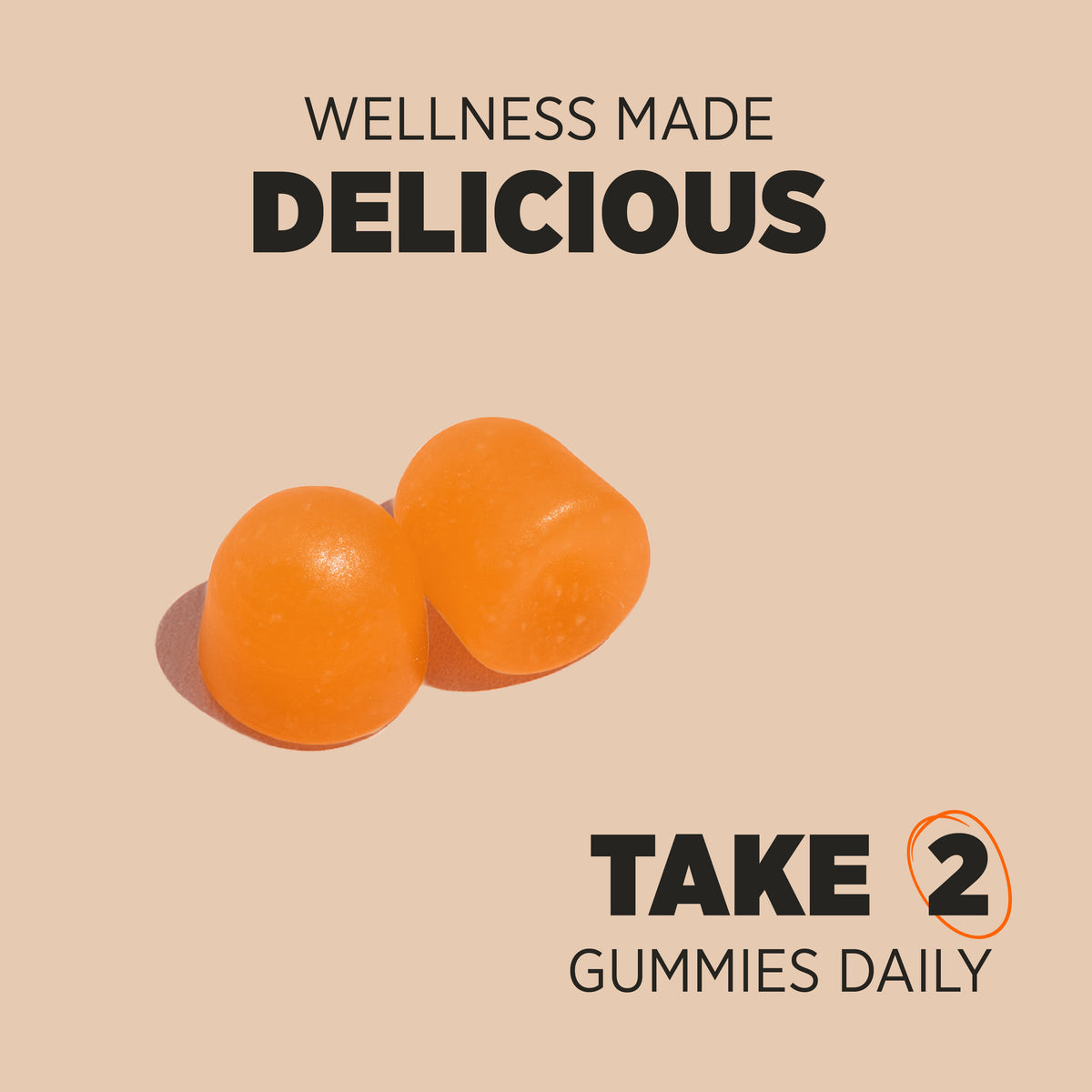 Two orange HU Vitamin B Complex 60 Vegan Gummies. Text reads 'WELLNESS MADE DELICIOUS', 'TAKE 2 GUMMIES DAILY'.