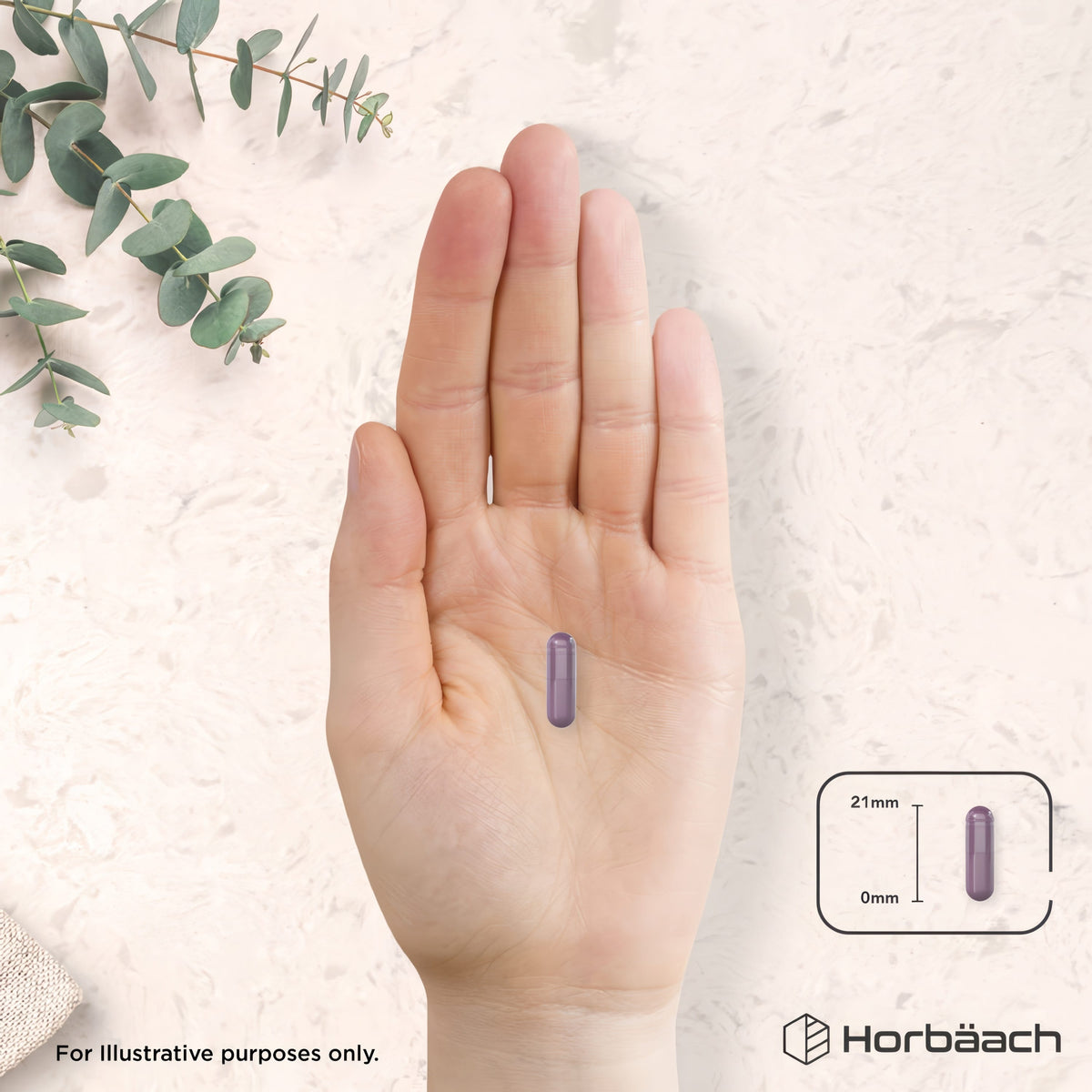 A hand holding a purple capsule, measuring 21mm in length, for size reference.