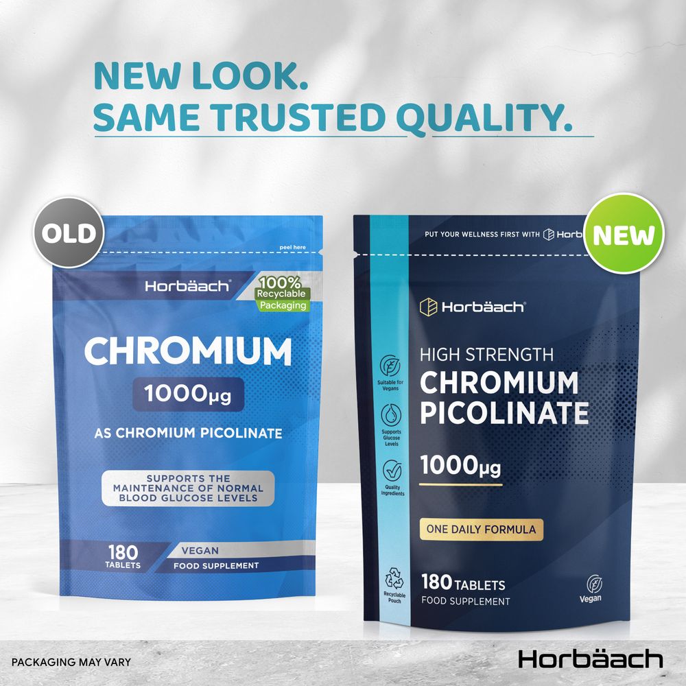 Two Horbäach Chromium Picolinate 1000µg pouches with 180 tablets, showing old and new packaging designs.