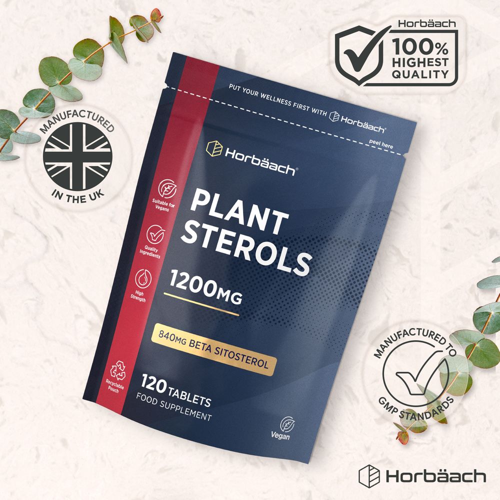 A hand scales Plant Sterols 1200mg tablets, 120 count bottle, highlighting supplement details suitable for cholesterol management.