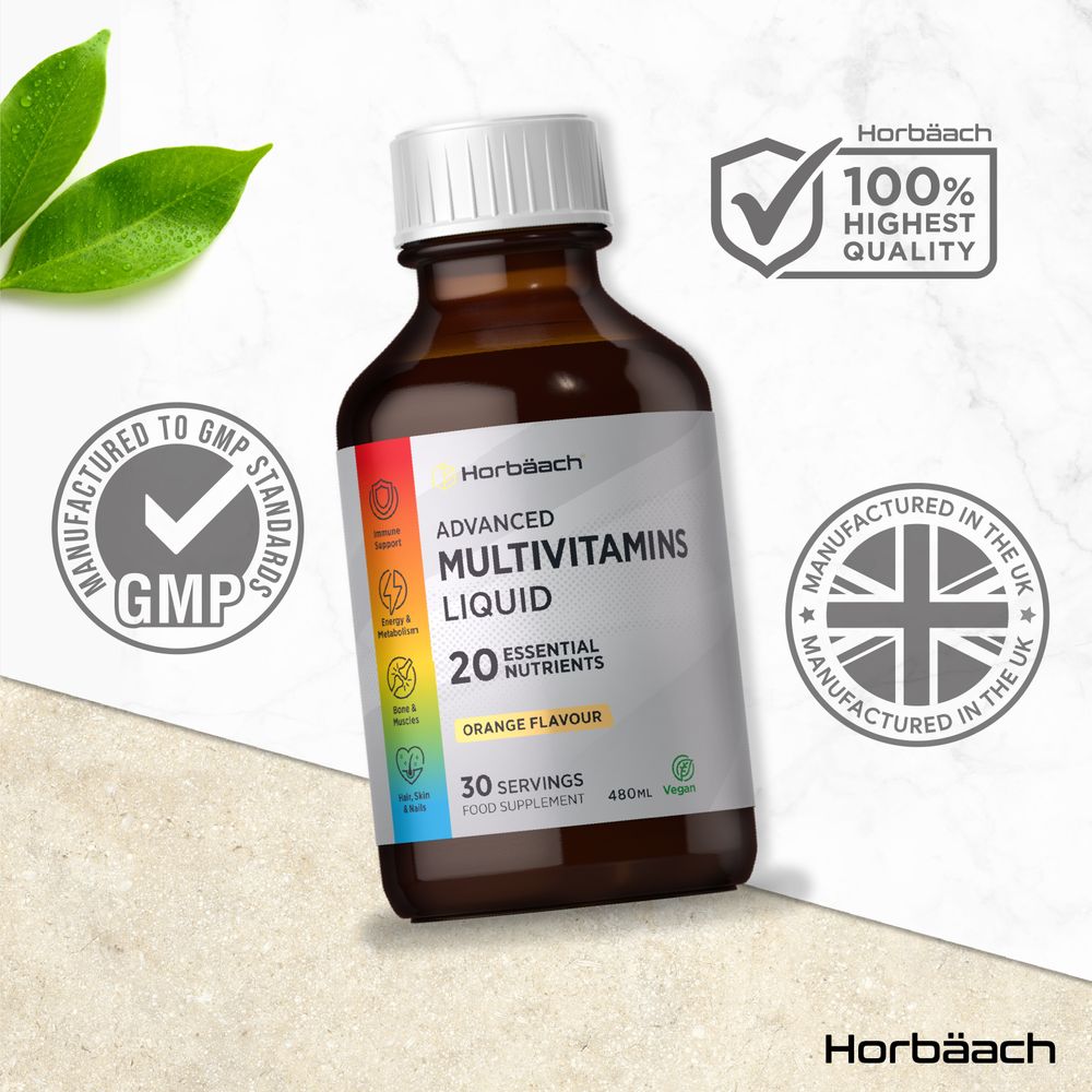 A 480ml bottle of vegan liquid multivitamin shown on a hand scale.