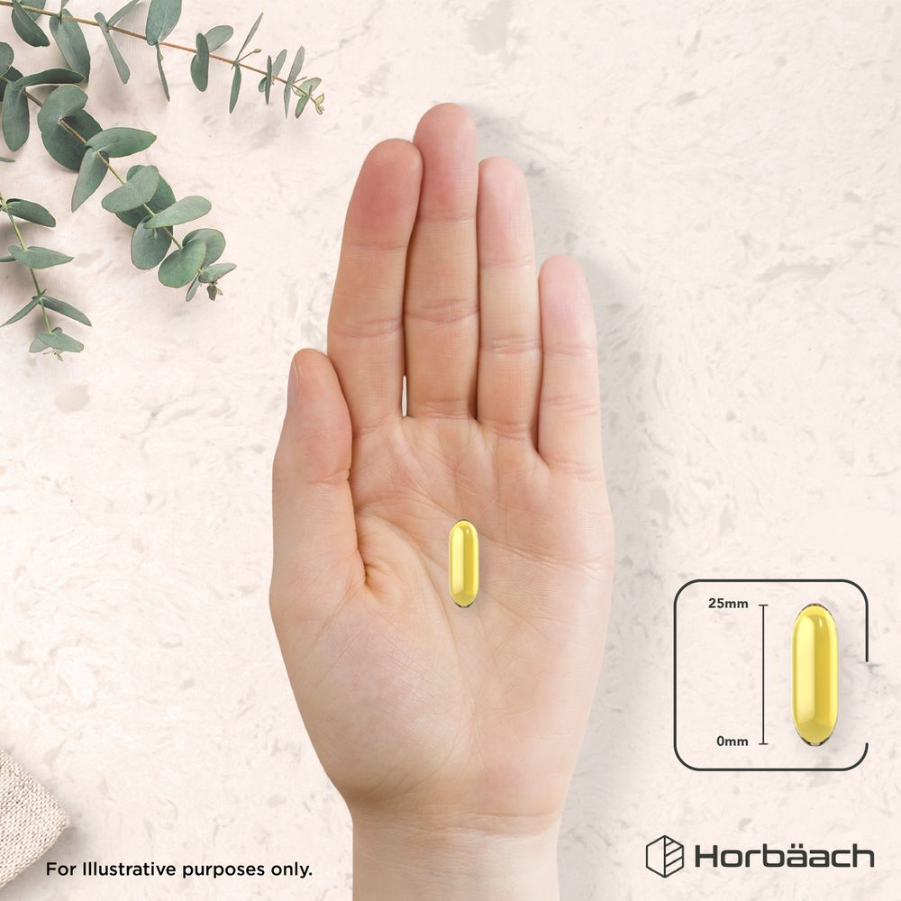A yellow oval softgel rests in a palm, with an inset graphic indicating its 25mm length.
