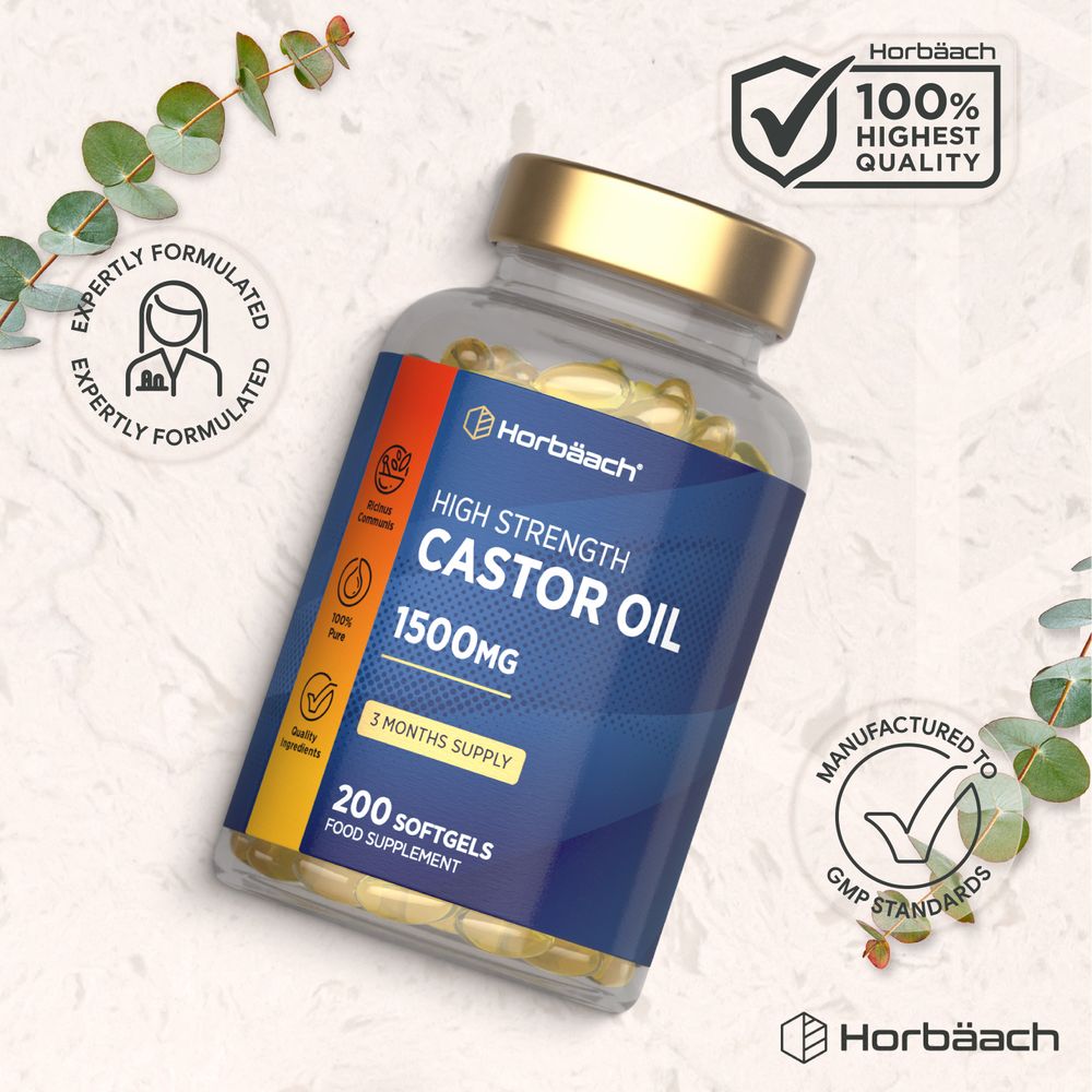 A clear bottle holding 200 softgels of High Strength Castor Oil, each containing 1500 mg.