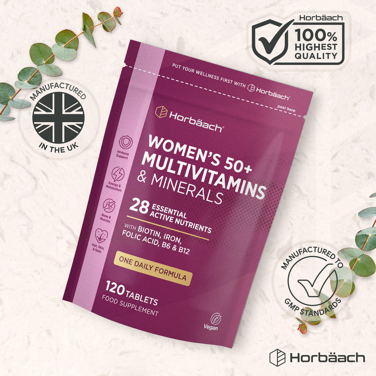 Horbäach Women's 50+ Multivitamins & Minerals 120 Tablets as a dietary supplement.